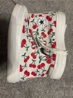 Converse High-Top Canvas Sneakers in White with Red Cherry Print